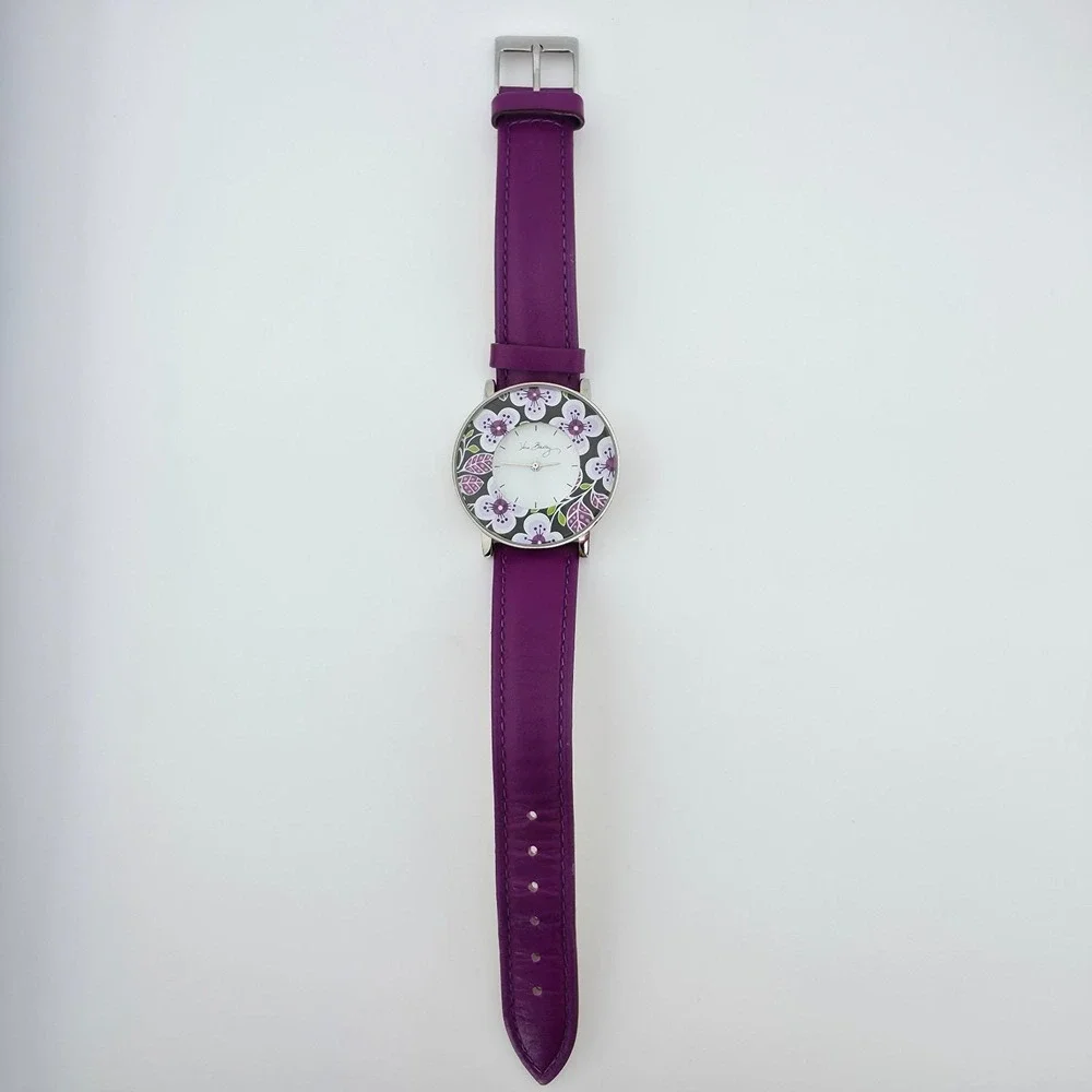 VERA BRADLEY 'Plum Petals' Ladies Watch Purple Leather Band Silver Tone 7.5